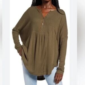 FREE PEOPLE Leo Henley Knit Long-Sleeve Army Green Size XS